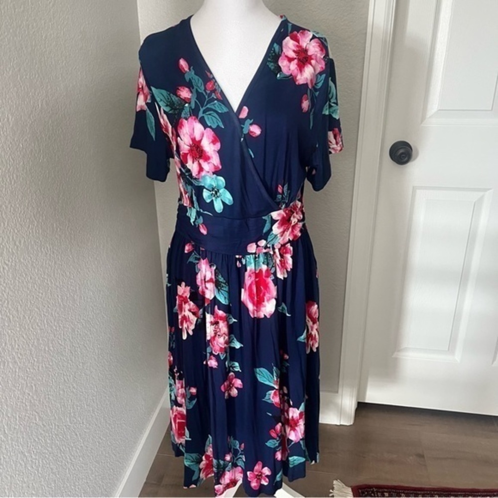 Popyoung Midi V Neck Dress S/M Short Sleeve Blue Pink Green Floral Whimsical NEW